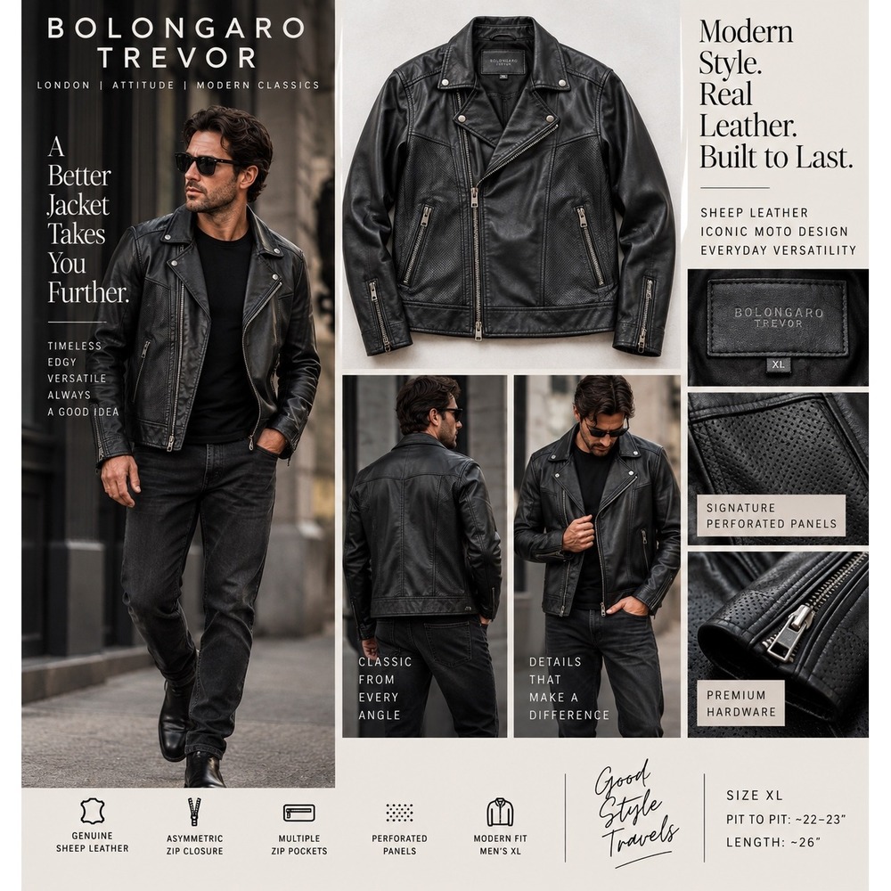 Bolongaro Trevor Mens XL Black Sheep Leather Moto Jacket Perforated Biker